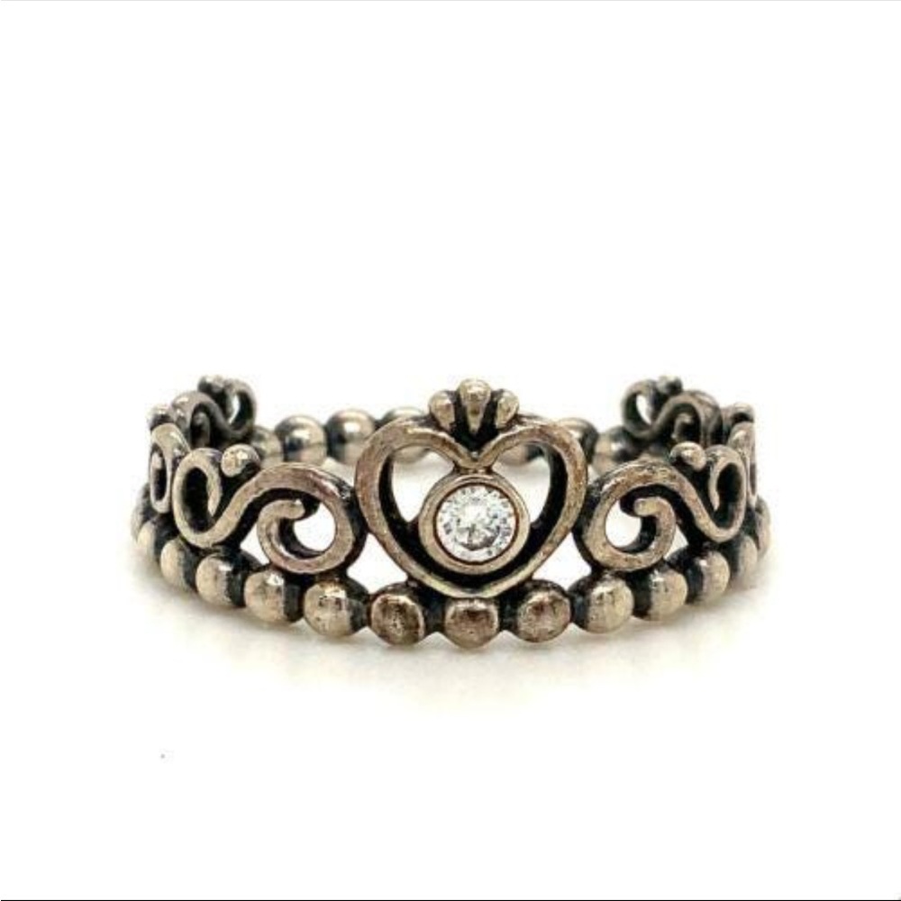 Vintage Sterling Signed 925 ALE Pandora CZ Stone Heart Tiara Crown Ring Band 7